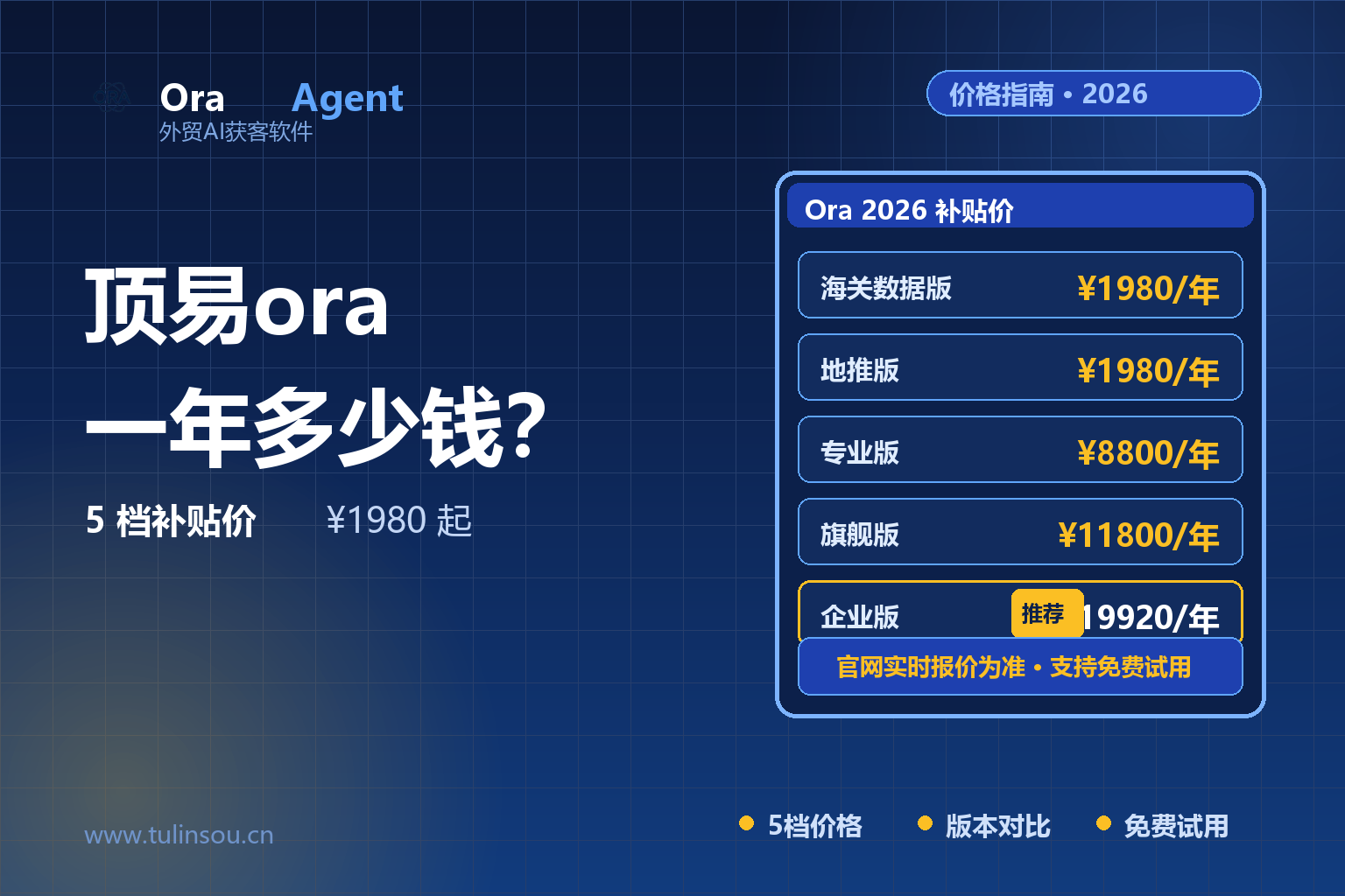 顶易云ora（OraAgent）多少钱一年？2026官方收费标准、5档价格表与选购建议